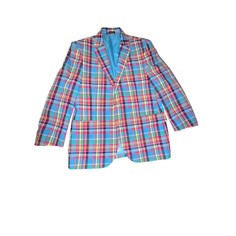 Stafford Mens 40 Short Sport Coat Madras Plaid Cotton Blazer Classic Fit Preppy